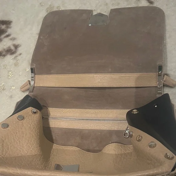 Jimmy Choo Leather Shoulder Bag | Beige & Black | Silver Hardware - Picture 7 of 16